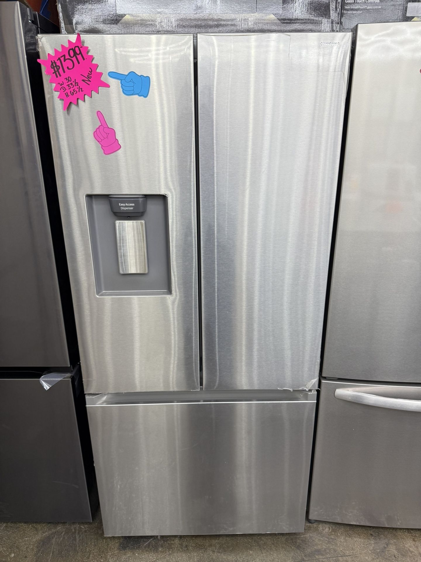 Brand new Samsung 22 cu. ft. Standard Depth 3-Door French Door Smart Refrigerator in Fingerprint Resistant Stainless Steel with Dispenser