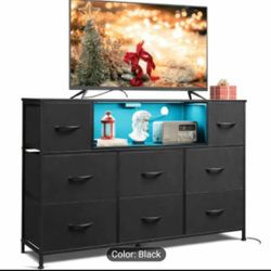 Office 8-Drawer Fabric Dresser with Charging Station & LED Lights, Open Shelf Storage Cabinet for Office (black)