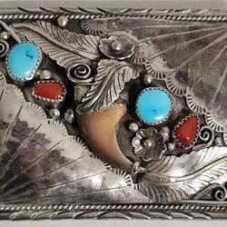 925 Sterling Silver Bear Claw Belt Buckle With Turquoise & Coral