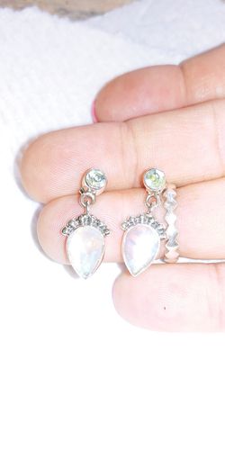 STERLING SILVER GENUINE RAINBOW MOONSTONE STUD POST EARRINGS