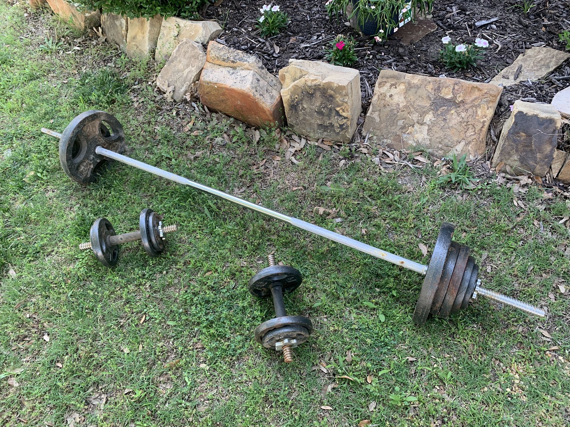Barbell, dumbbells, collars, 135 lbs of plates super adjustable!