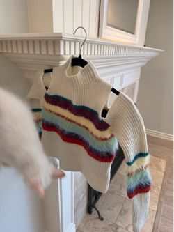 Rainbow Fuzzy Cold Shoulder Sweater – Cropped Knit
