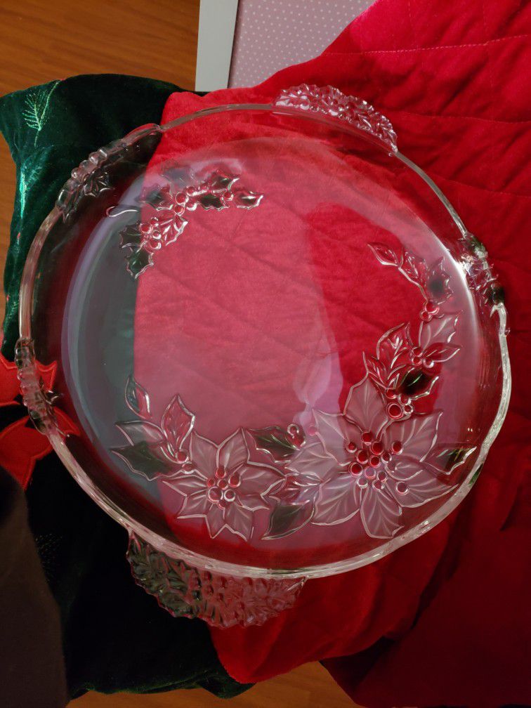 Glass Serving Plate 16 Inches Round Red Green Floral Holuday Design 