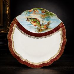 Antique Imperial Crown China Austria Fish Plate 8.5” Hand Painted Gold Gilt