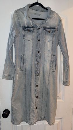 Light Wash Distressed Denim Maxi Jacket