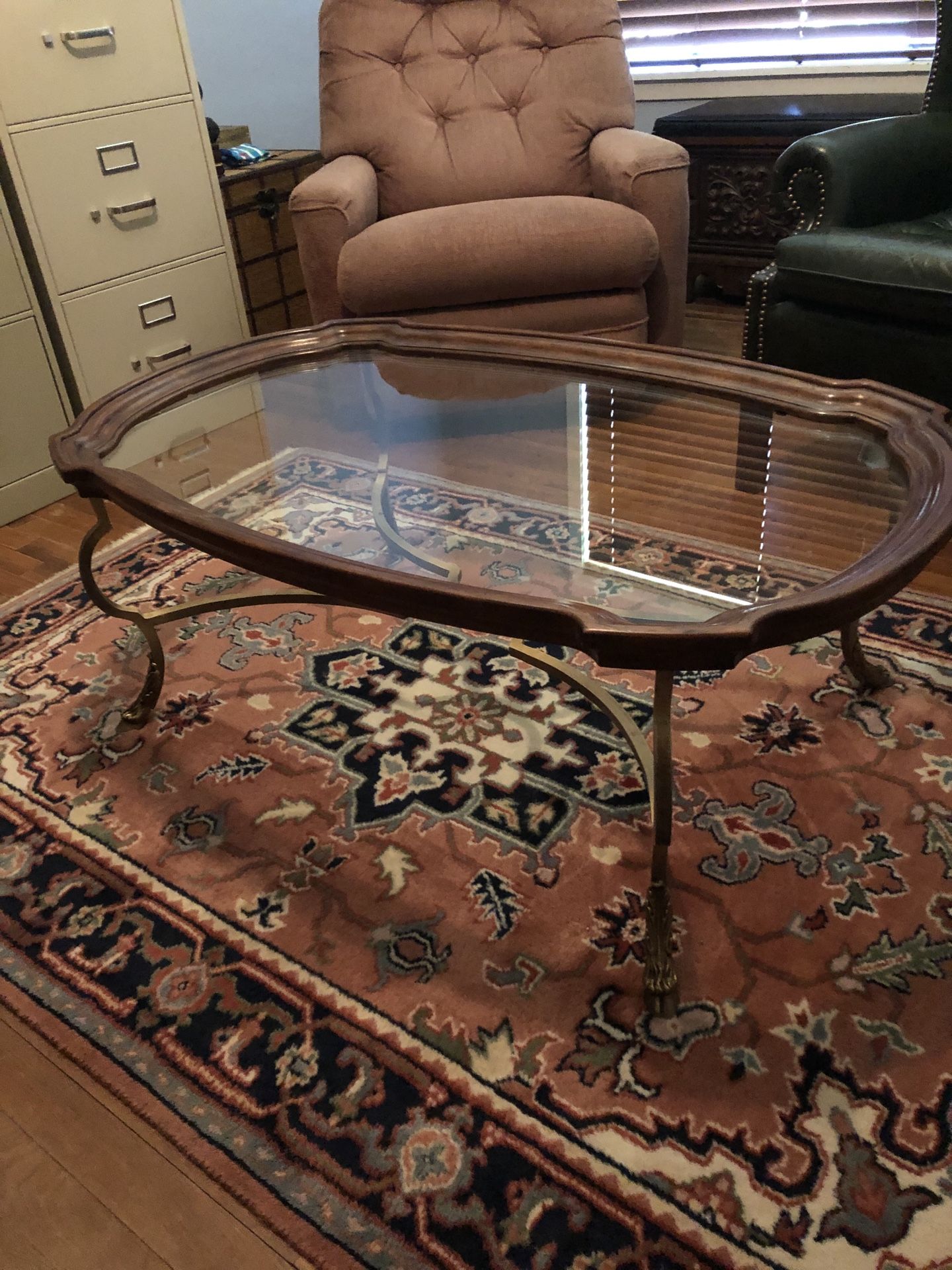 Vintage Brass, Glass and Wood Coffee Table