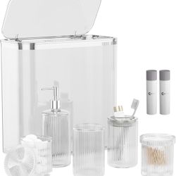 BRAND NEW 8 piece glass bathroom set with matching trash can 