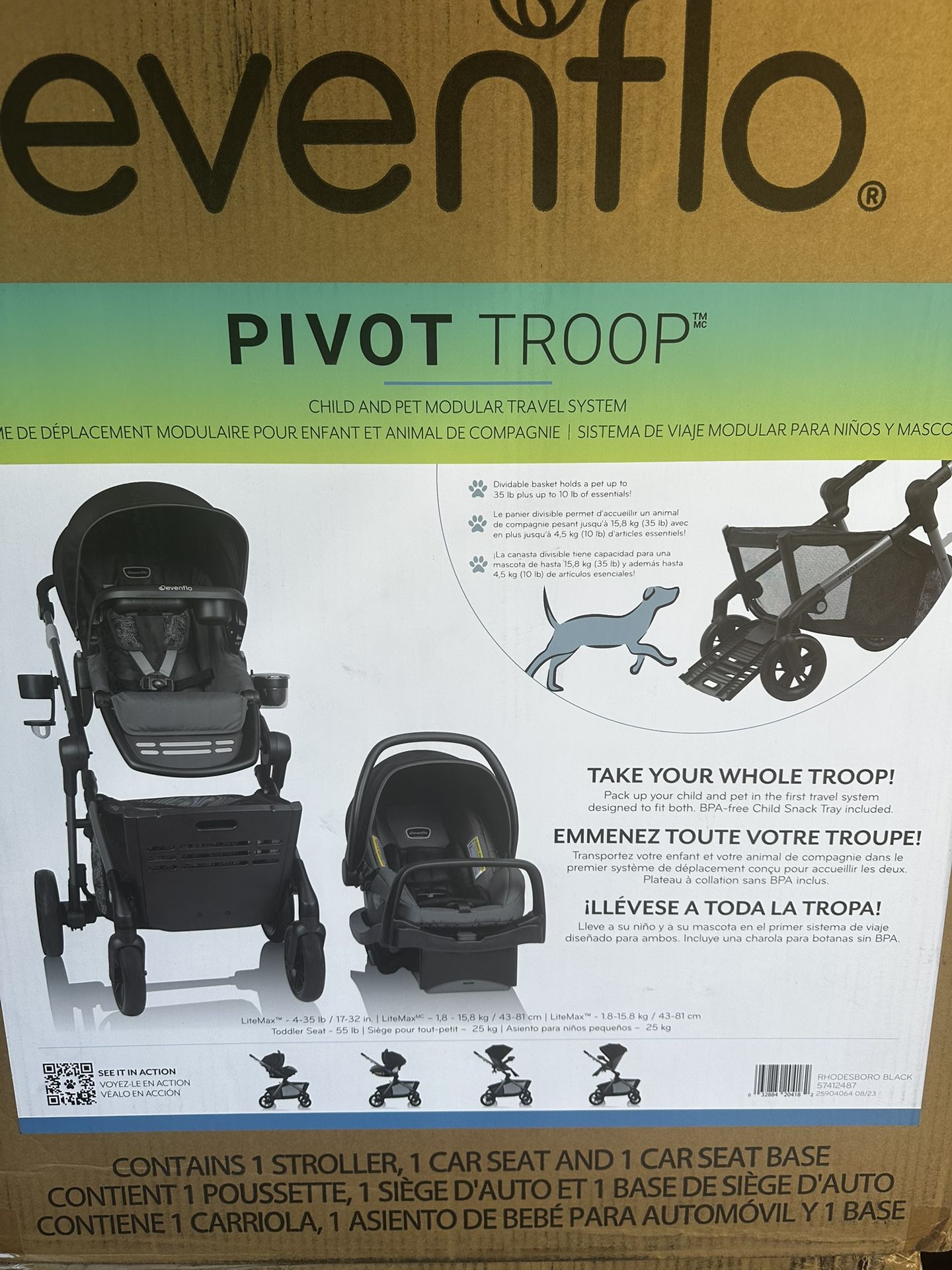 Brand new In Box Evenflo Troop Stroller, Infant Car Seat, and Base.