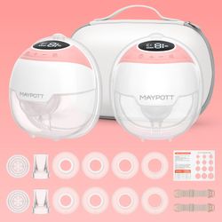 Breast Pump, Maypott S18 Portable Electric Hands Free Wearable Breastfeeding Pumps, Double-fit Flange with 3 Modes & 15 Levels, 24mm,180ml/6oz - 2 Pac
