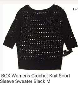 BCX Womens Crochet Knit Short Sleeve Sweater Black M