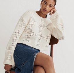 Madewell white diamond-stitch crewneck crop sweater size XS