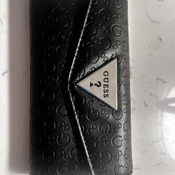 Guess Black Faux Leather Embossed Logo Tri-fold Wallet Snap Clutch