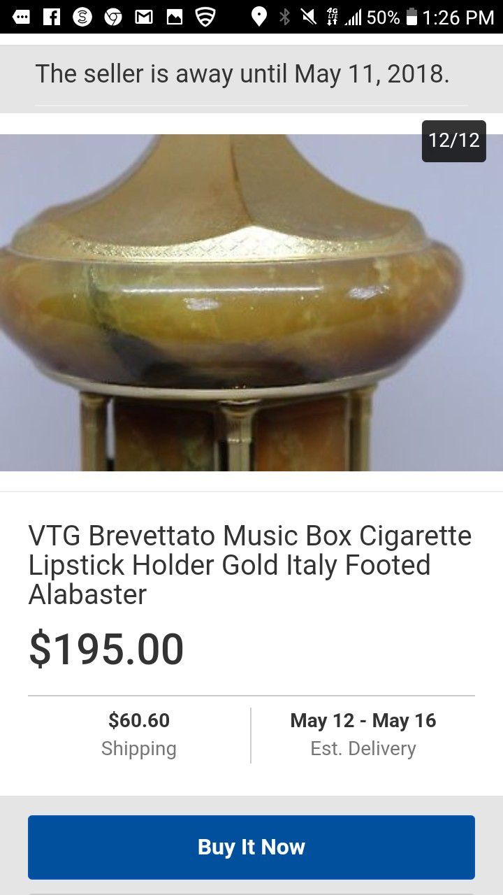 Vintage Mid-Century Brevettato Gold Gilded Cigarette & Lipstick Holder  Music Box