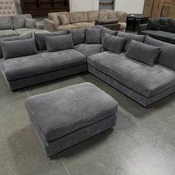 New! Deep Seating Couch, Dark Grey Sectional, Plush Sectional, Sectionals, Sofa, Couch, Sectional Sofa, Corduroy Sectional, Gray Couch, Grey Sofa