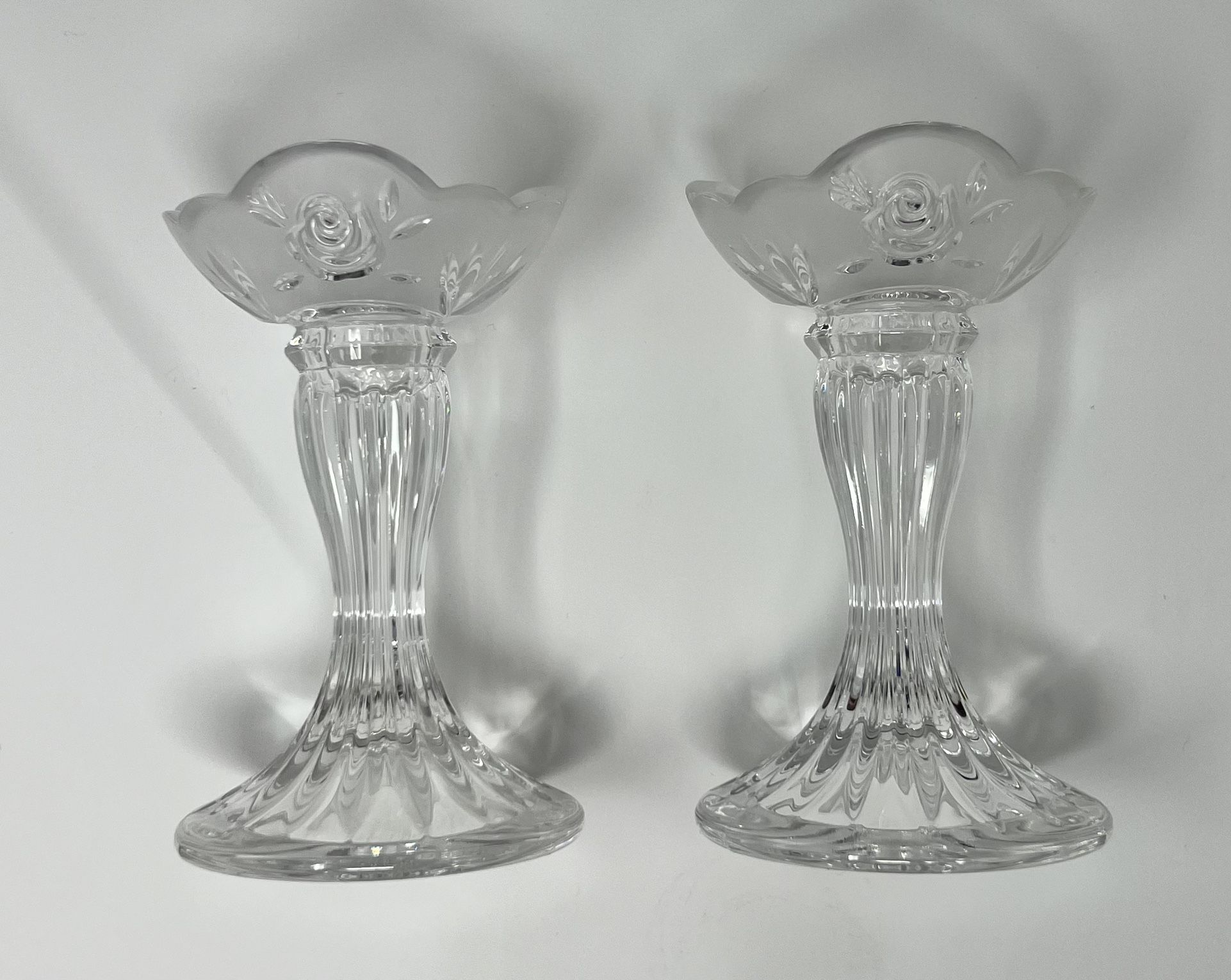 Two Glass Candle Sticks With Rose Accents