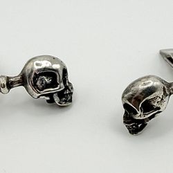 VINTAGE STERLING SILVER SKULL CUFFLINKS HEAVY MENS LUXURY GOTHIC ESTATE JEWELRY