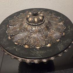 Ornate Design Table Urn Large 14 1/2” Dia, Decorative Urn Pedestal Base Removable Lid Felt Lined, Urn Heavy 14 Pounds, Antiqued Black Gold