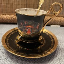 Vintage Bradford Edition Of Russian Legends Gilded Black Teacup And Saucer Set With Matching Spoon 