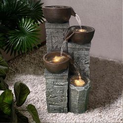 19.3'' H Modern Water Fountain with Lights, 4-Tier Resin Water Fountains Home & Office Art Decor (Brown)