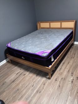 Wood Bed Frame with Cane Headboard