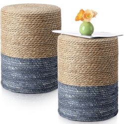 Barydat 2 Pcs 15'' Ottoman Pouf Natural Seagrass Braided Poof Hand Weaving Round Ottomans