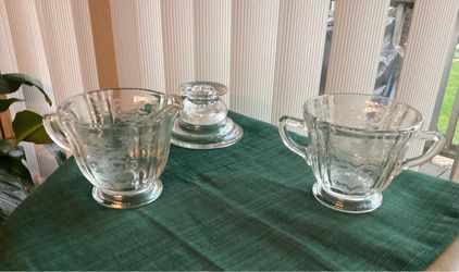 Vintage Indiana Madrid Clear Glass Sugar and Creamer Set and 1980's Indiana Glass Candle Holder-  (Madrid Pattern)