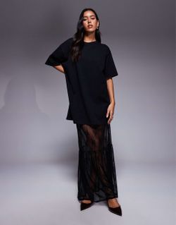 Fashionkilla Exclusive Cotton Lace Tiered Hem Mexi T-Shirt Dress in Black (UK6/US2)
