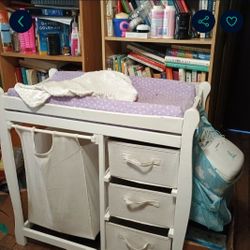 Wooden Changing Table With Drawers And Laundry Bag 