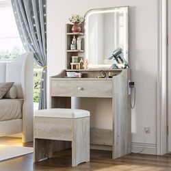 Small Makeup Vanity Desk with Mirror and Lights, Vanity Table Set with Storage Drawer, Chair and Three Shelves, Bedroom, White Walnuts
