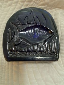 Heavy blue glass fish embossed paperweight/plaque