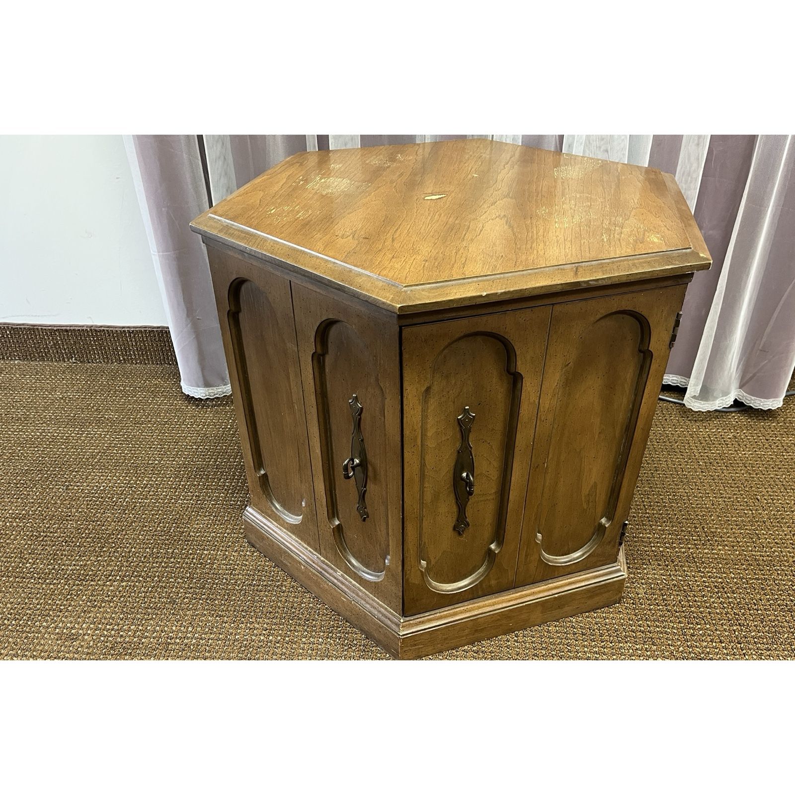 Vintage Hexagon Storage Side Table. Retro accent table. Mid century end table