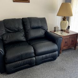 Brand New Blue Leather Couch, Table, And Lamp