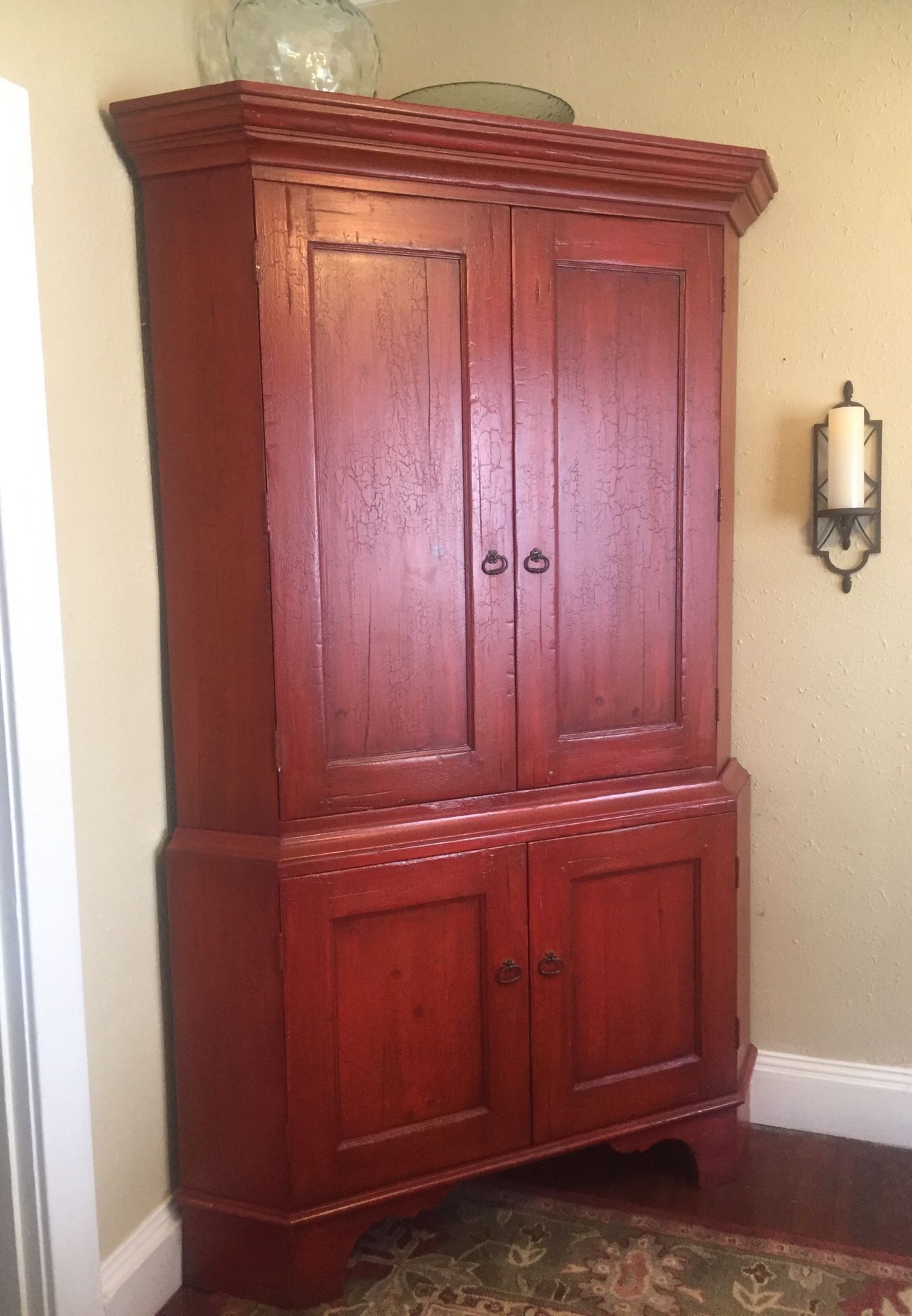 Antique Red Corner Hutch Armoire two pieces for Sale in Ruston