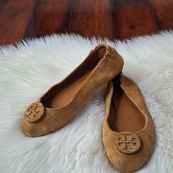 Tory Burch Minnie Travel Tan Brown Suede Ballet Flats Sz 8