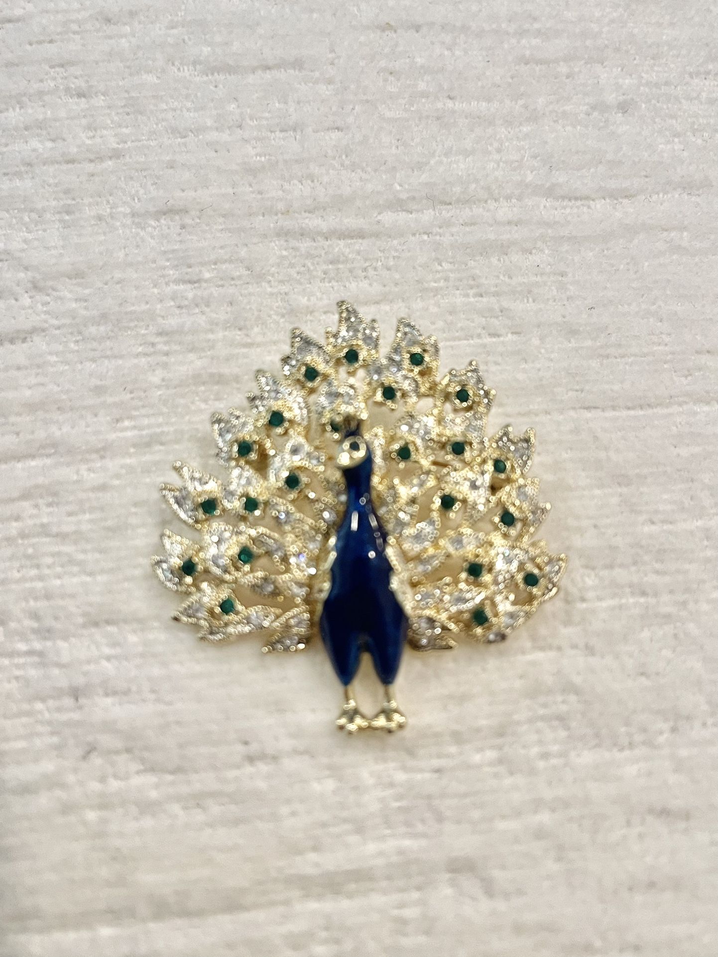 Vintage Blue Enamel Peacock Brooch W/ Clear & Green Rhinestones