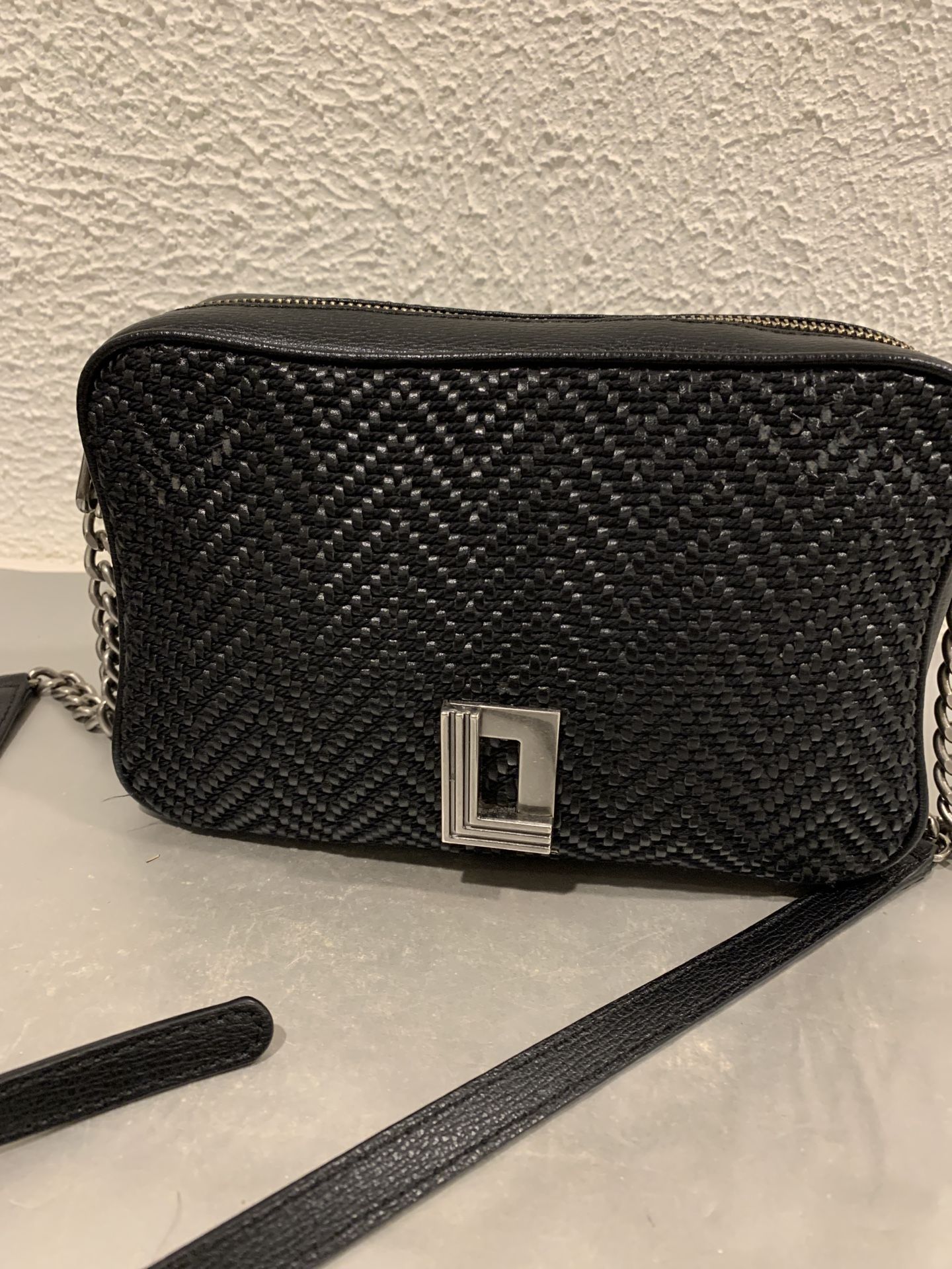 Karl lagerfeld Paris cross body bag 9” w 6” h 2.50” w , strap 18” x24” with braided texture