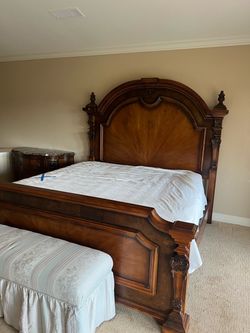 Grand European Traditional Carved Wood King/Queen Bed Frame 81”Wide by  Henredon