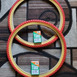 NEW Bicycle Bmx Cruiser Bike Tires 24" Red Gumwall Knobby Pattern 