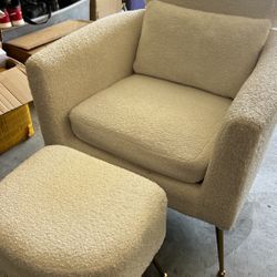 Beige Teddy Velvet Arm Chair with Matched Ottoman