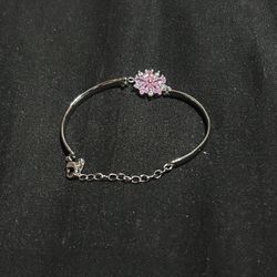 925 Sterling Silver Flower Pink  Chain Bracelet 