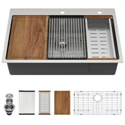 LORDEAR
33 in. x 22 in. x 9 in Drop-in Single Bowl 16-Gauge Stainless Steel Workstation Kitchen Sink with Bottom Grid