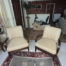 Two Wooden Side Chairs Sandy Gold Cushions Excellent Condition 