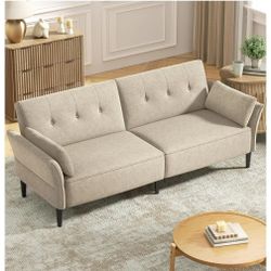 Sofa Bed, Velvet Fabric Comfy Futon Couch Bed with 2 Square Pillows, Convertible Sleeper Sofa with Adjustable Backrest& Armrests, Modern Loveseat Slee