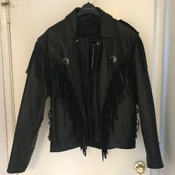 Unik Vintage Fringed Genuine Leather Mens Motorcycle Jacket 46 Black