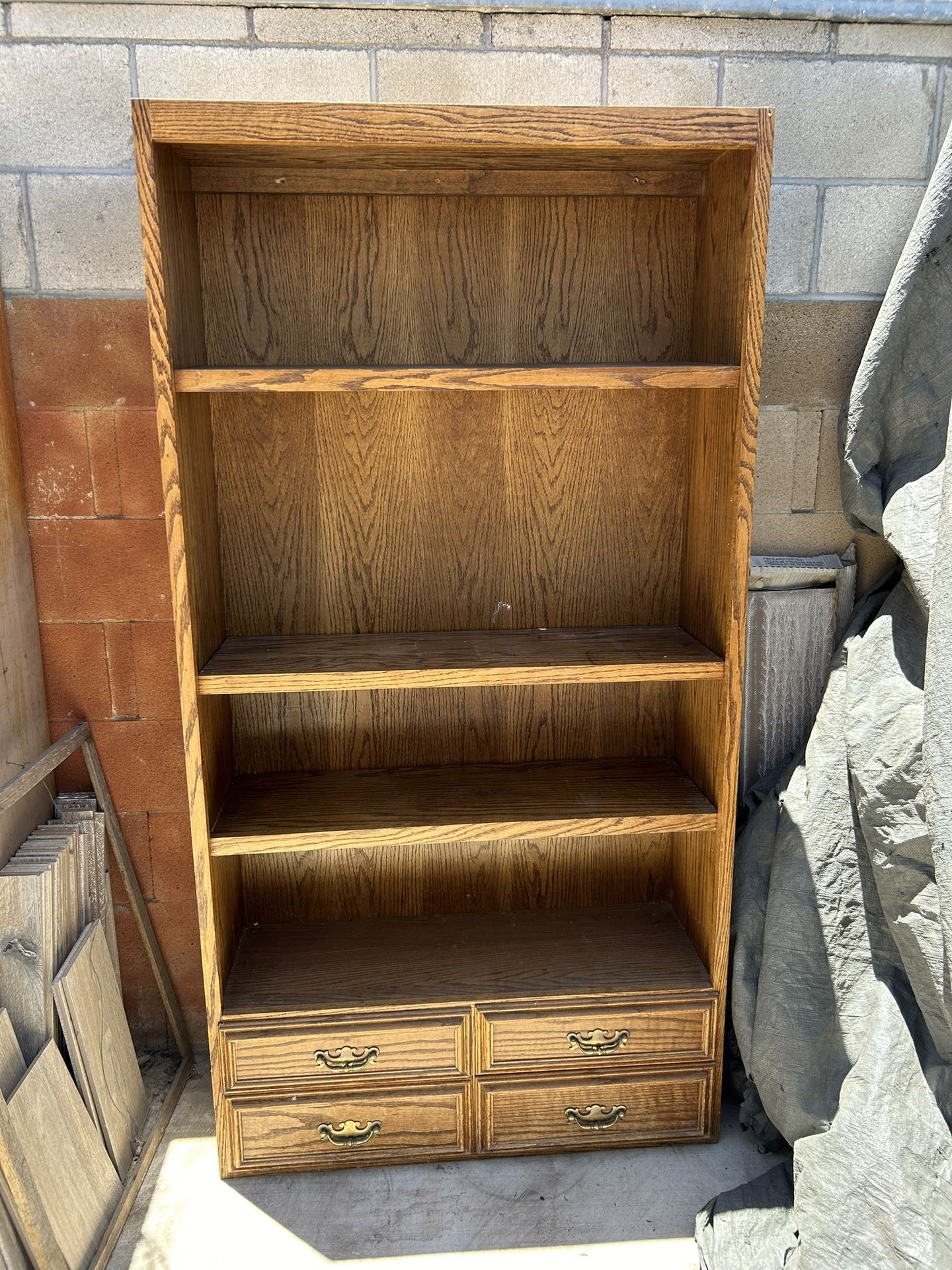 Tall Oak Bookcase With Four Drawers. 70 Inches Tall By 36 1/2 Inches Wide By 12 1/2 Inches Deep.