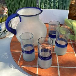 Mexican Glassware And Blue Rimmed Pitcher