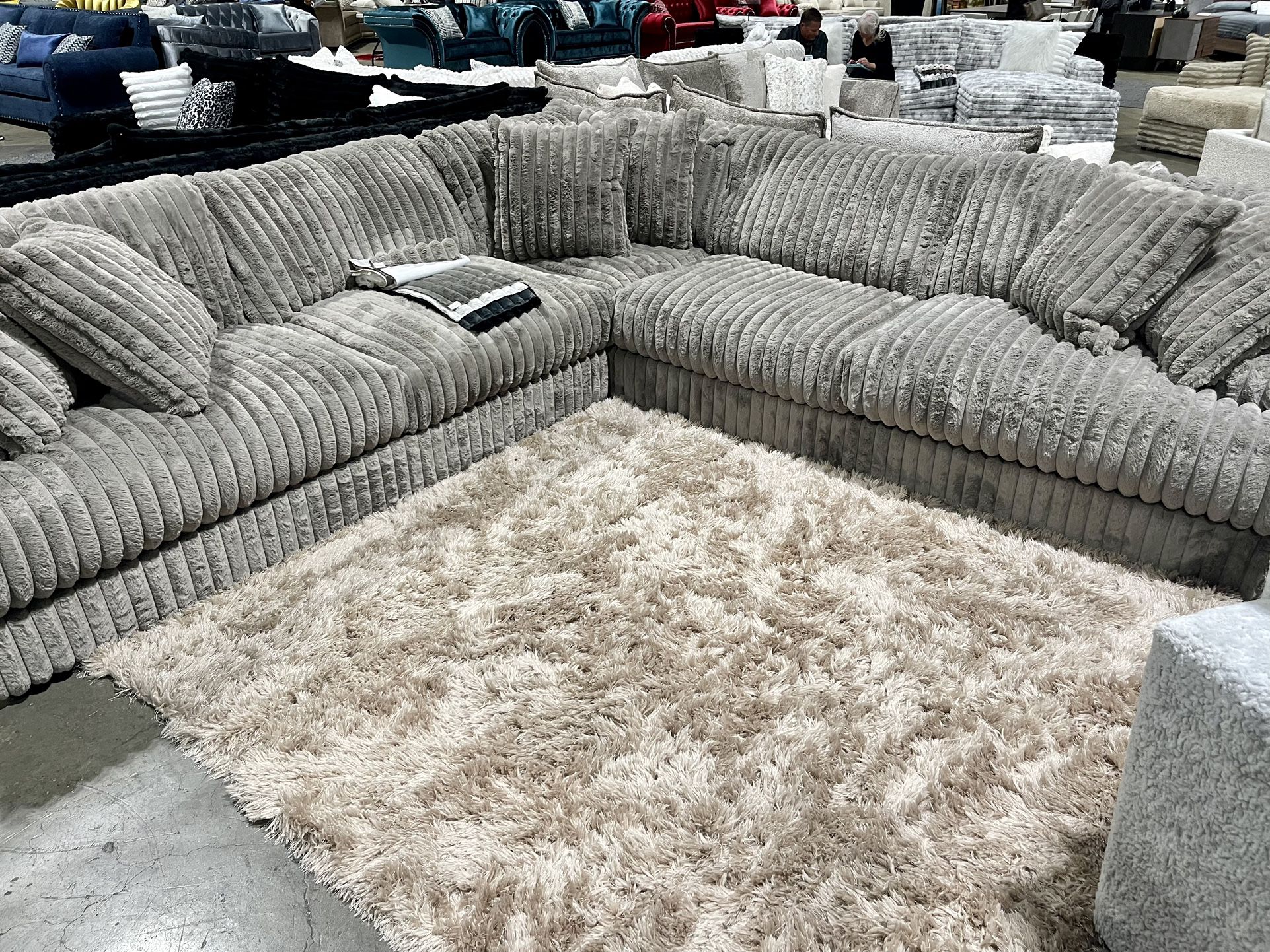 Grey Sectional Sofa - Plush Corduroy Fabric 