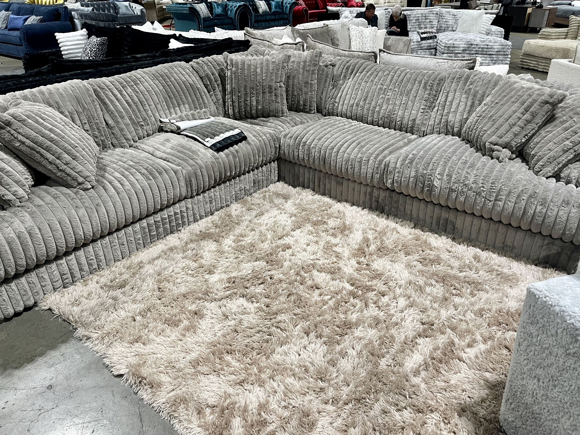 Grey Sectional Sofa - Plush Corduroy Fabric