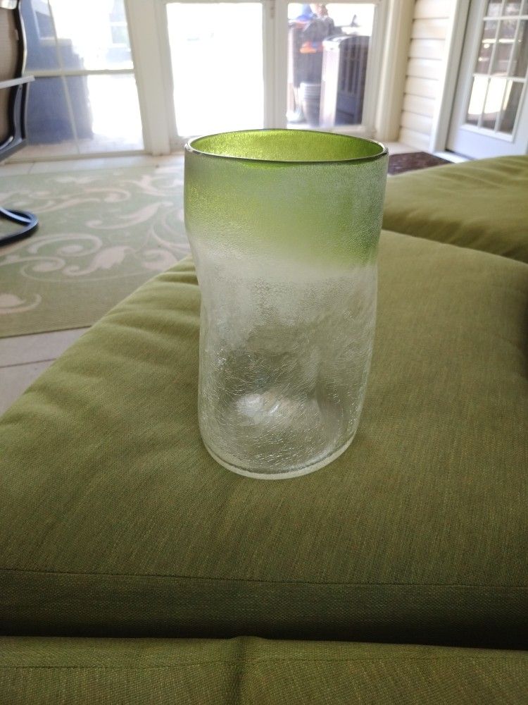 Molten Green And Clear Crackled Glass Vase