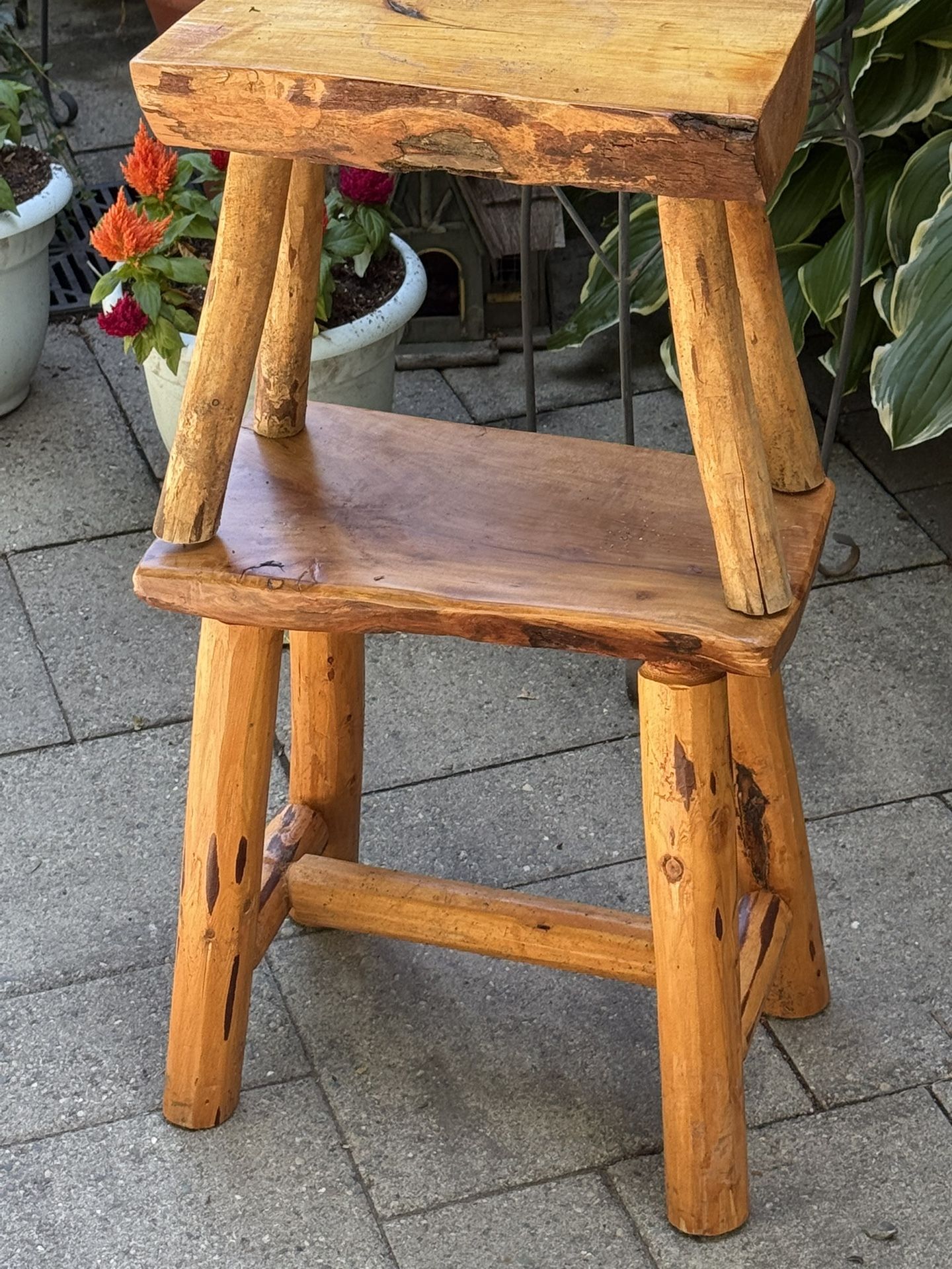 Pair Of Small Handmade Wooden Benches - Flower Display